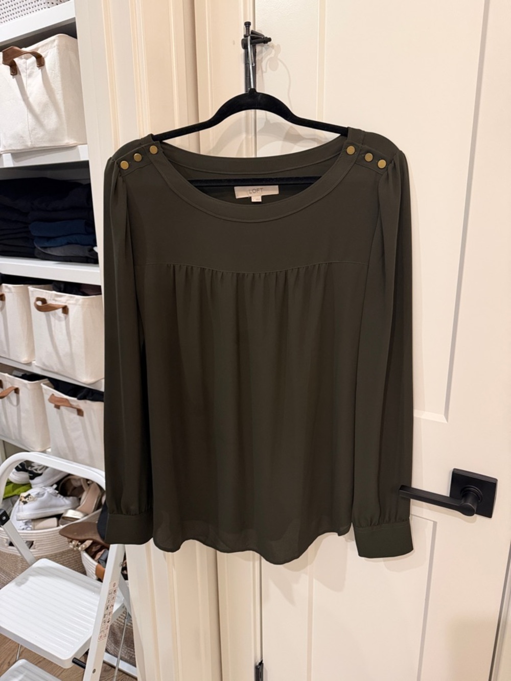 LOFT Olive Button-Shoulder Long Sleeve Blouse